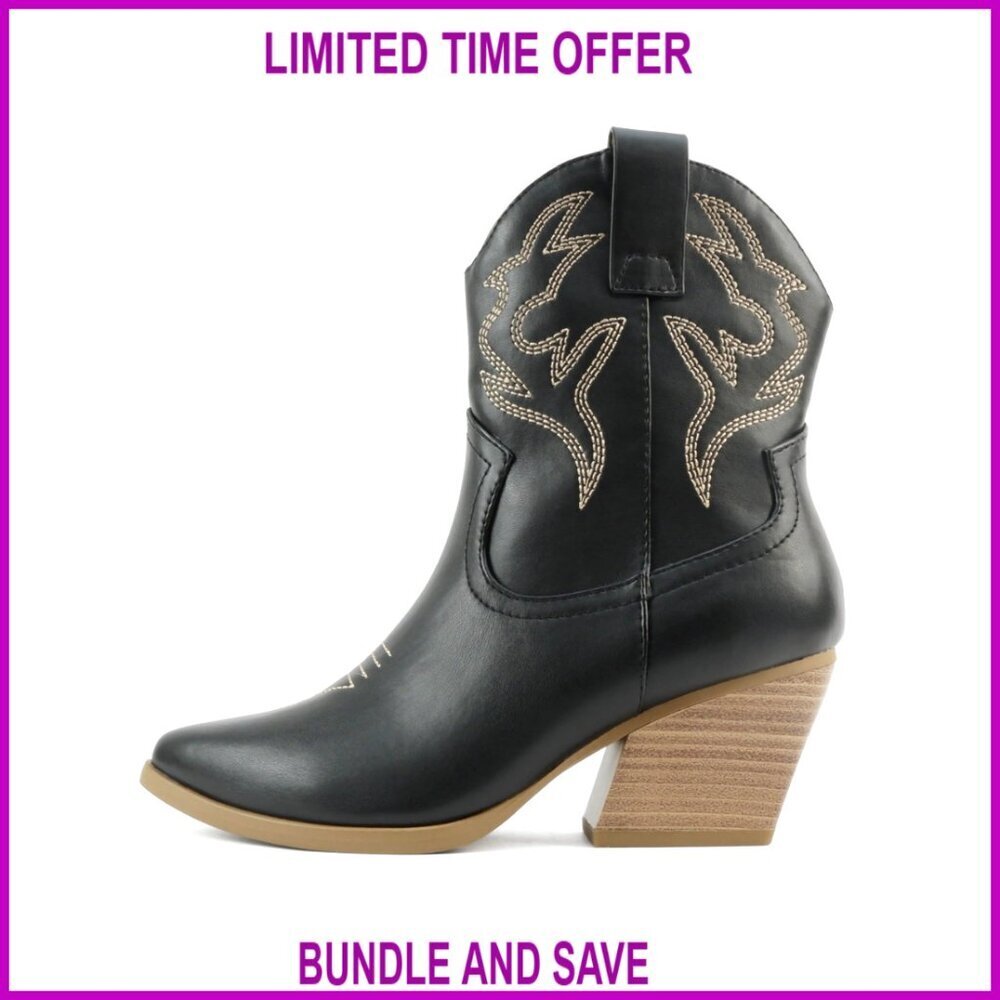 Western Stitched Pointe Toe Low Heel Ankle Bootie Black Pu